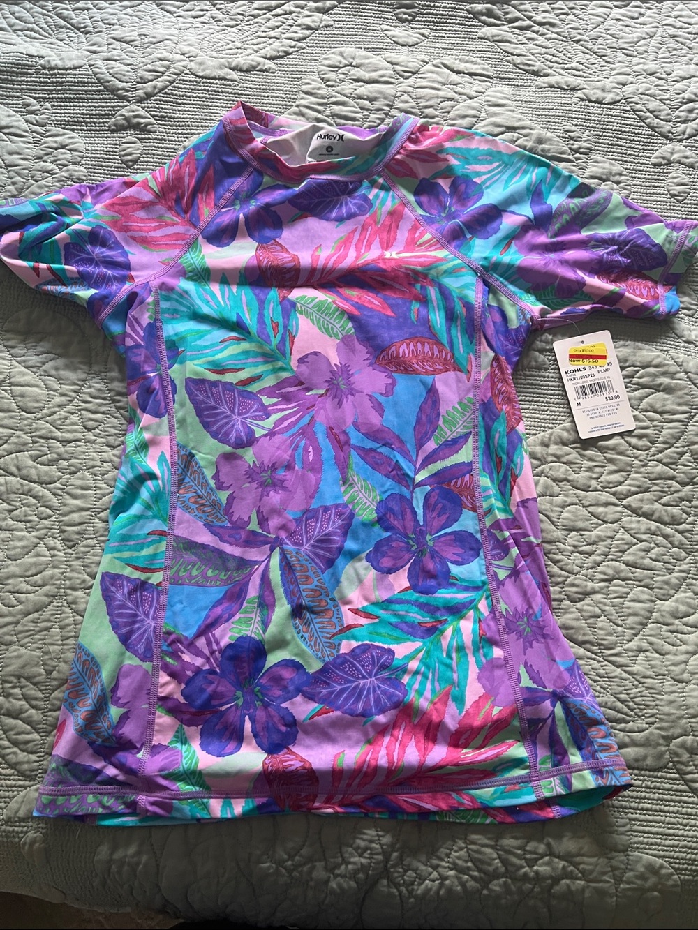 Hurley Floral Rash Guard in Purple, Teal & Pink